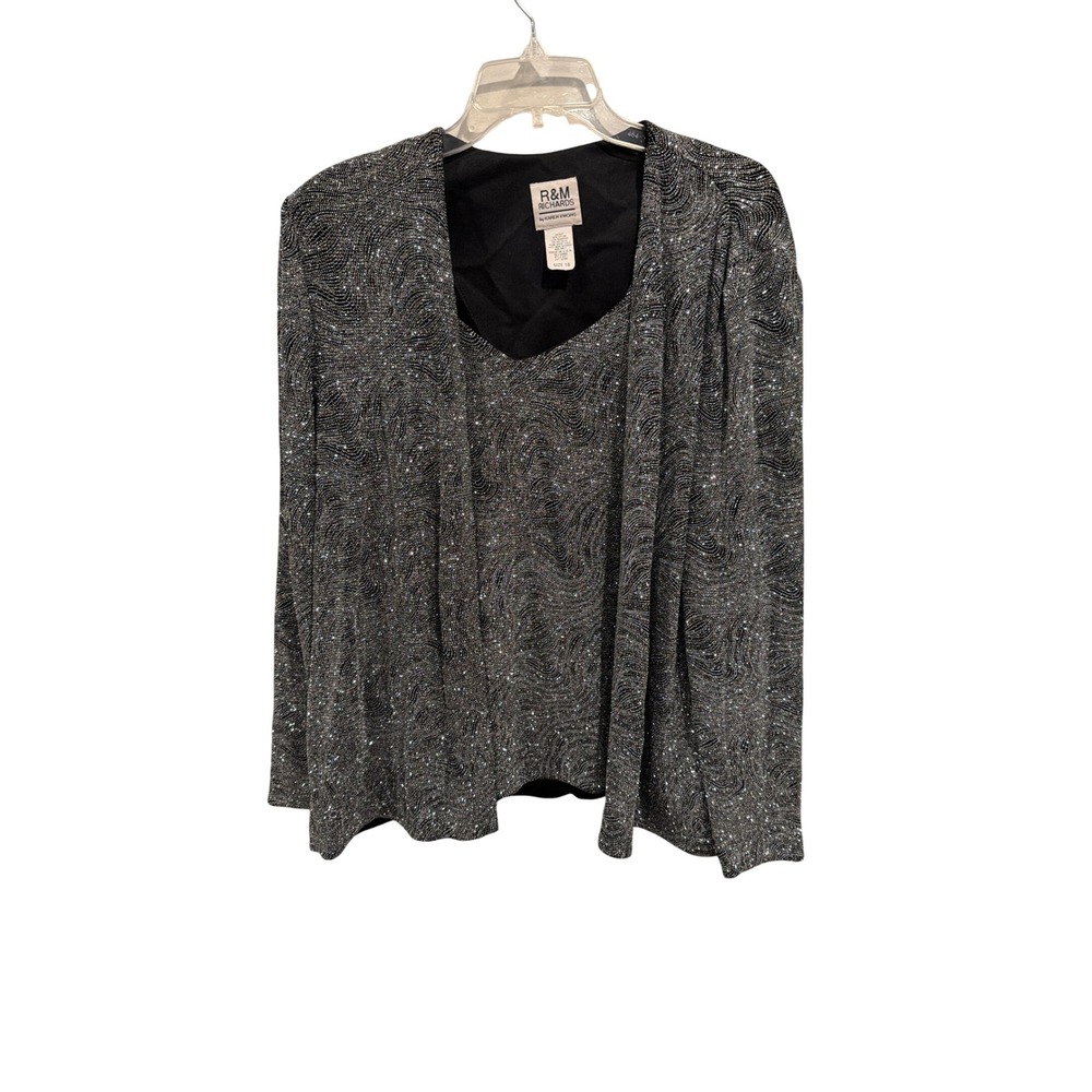 R&M Richards Set Silver Black Glitter Jacket & Shell 3371 Swirl Metallic Sz 18